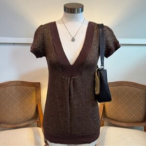 Vintage Y2K Brown Glam Shimmery Babydoll Blouse w SS Vintage Charlotte Russe Top